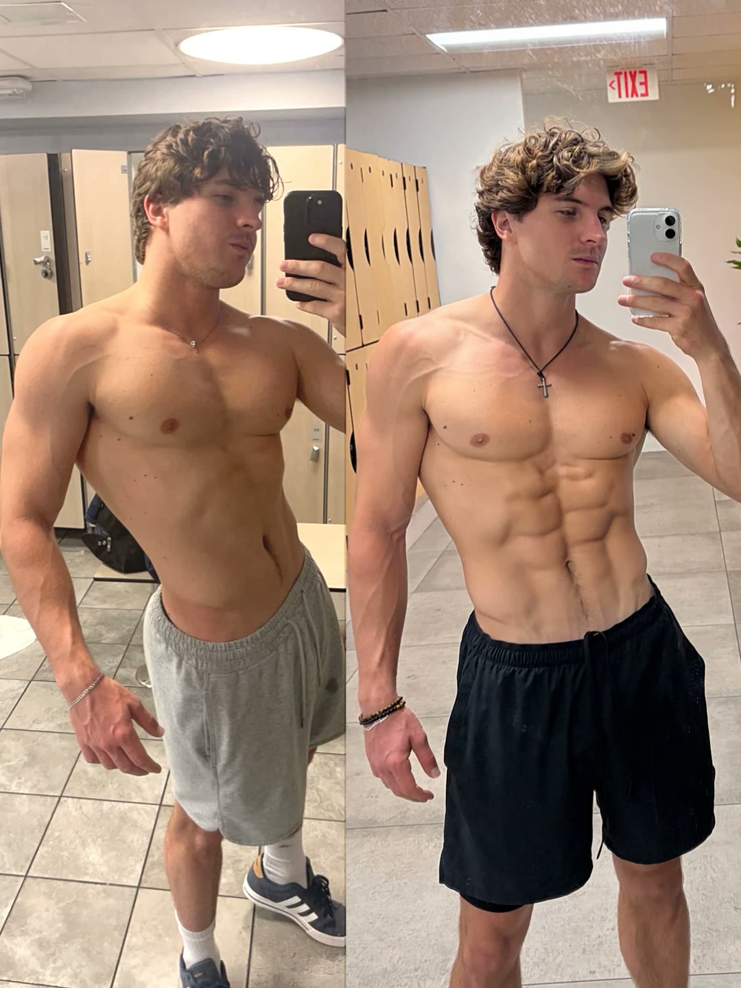 Genno before and after: on the left a softer midsection in grey shorts, on the right defined abs in black shorts